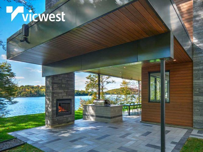 exterior patio of modern home on the lake