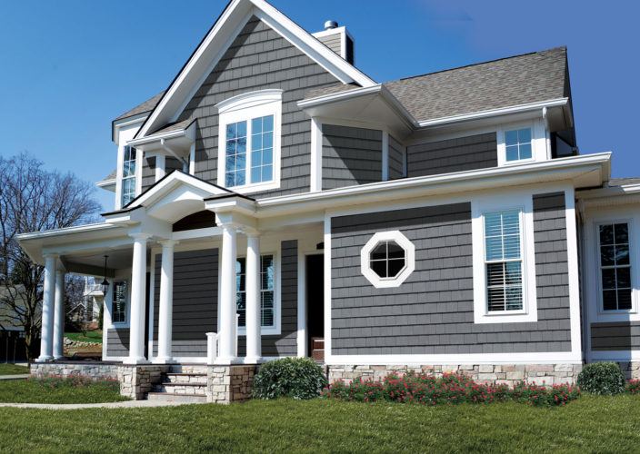 home exterior with new grey siding