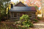 exterior of cabin with metal roofing